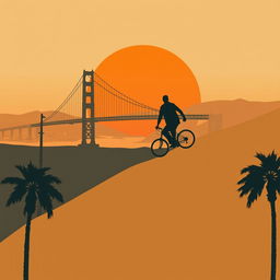 A minimalistic poster inspired by San Andreas, showcasing the silhouette of a man riding a bicycle up a steep hill