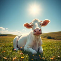 A serene white cow sitting peacefully in a lush green meadow under a clear blue sky