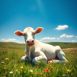 A serene white cow sitting peacefully in a lush green meadow under a clear blue sky