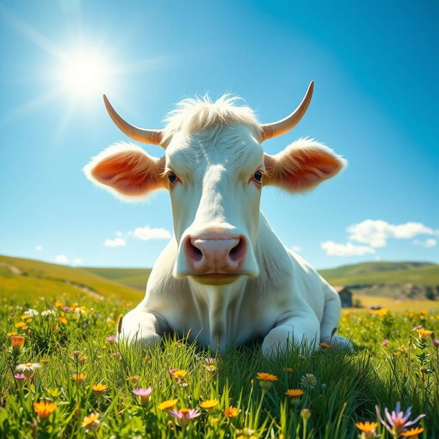 A serene white cow sitting peacefully in a lush green meadow under a clear blue sky