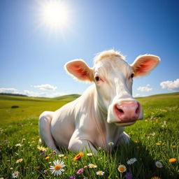 A serene white cow sitting peacefully in a lush green meadow under a clear blue sky