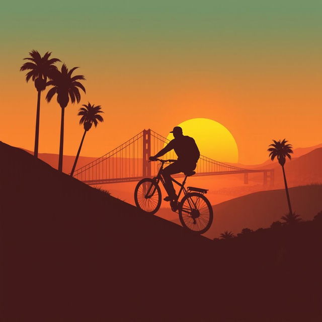 A minimalistic poster inspired by GTA San Andreas, depicting the silhouette of a man on a bicycle riding up a steep hill