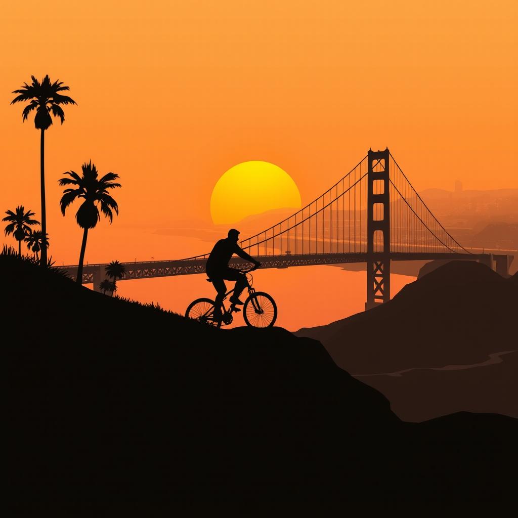 A minimalistic poster inspired by GTA San Andreas, depicting the silhouette of a man on a bicycle riding up a steep hill