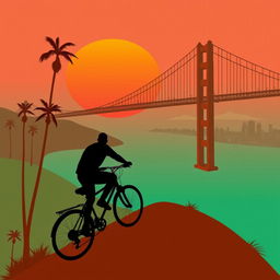 A minimalistic poster inspired by GTA San Andreas, depicting the silhouette of a man on a bicycle riding up a steep hill