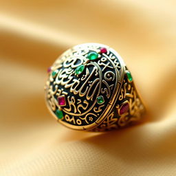 A beautifully crafted Arabic ring featuring intricate geometric patterns and calligraphy, made of gold and adorned with precious stones like emeralds and rubies