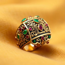 A beautifully crafted Arabic ring featuring intricate geometric patterns and calligraphy, made of gold and adorned with precious stones like emeralds and rubies