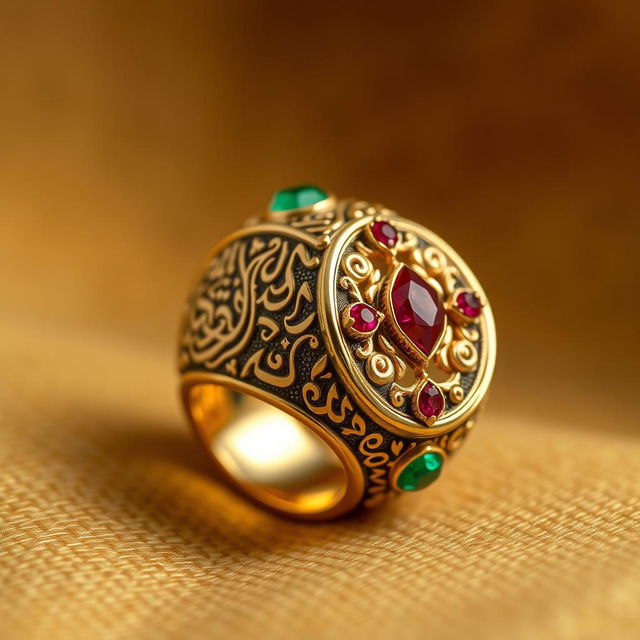 A beautifully crafted Arabic ring featuring intricate geometric patterns and calligraphy, made of gold and adorned with precious stones like emeralds and rubies