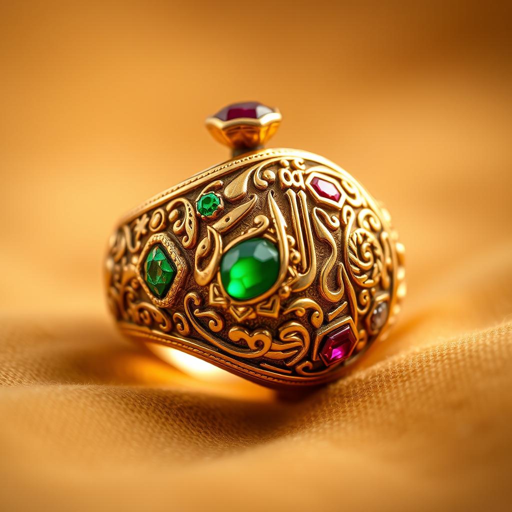 A beautifully crafted Arabic ring featuring intricate geometric patterns and calligraphy, made of gold and adorned with precious stones like emeralds and rubies