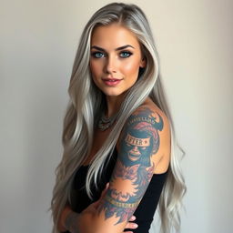 A lovely young woman with long, flowing silver hair cascading elegantly down her shoulders, poses confidently in front of the camera
