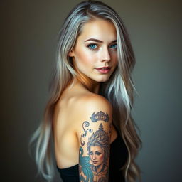 A lovely young woman with long, flowing silver hair cascading elegantly down her shoulders, poses confidently in front of the camera