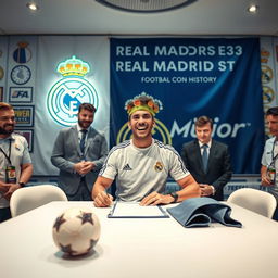 A dynamic scene depicting a football player signing a contract with Real Madrid in a well-lit room filled with team memorabilia