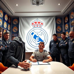 A dynamic scene depicting a football player signing a contract with Real Madrid in a well-lit room filled with team memorabilia