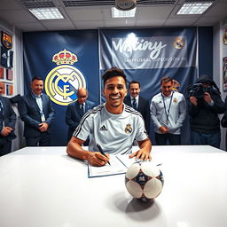 A dynamic scene depicting a football player signing a contract with Real Madrid in a well-lit room filled with team memorabilia
