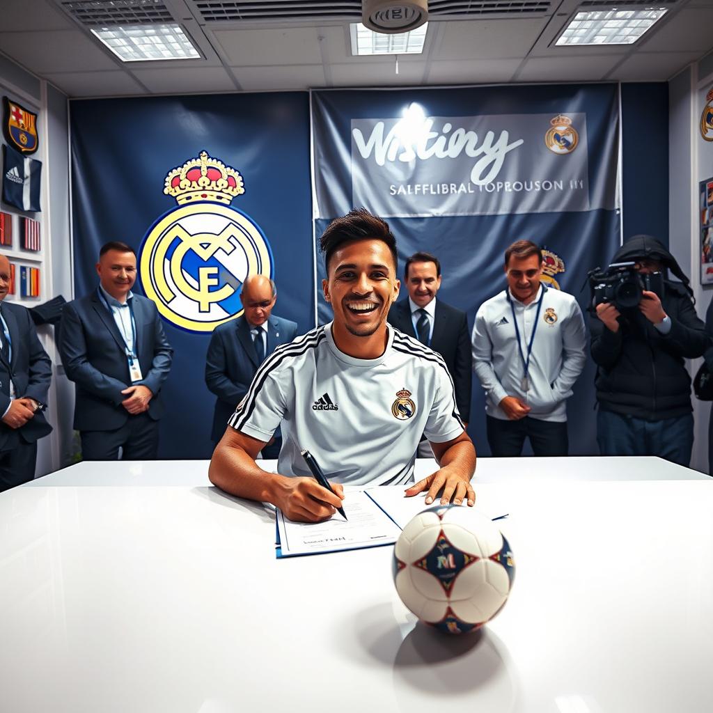 A dynamic scene depicting a football player signing a contract with Real Madrid in a well-lit room filled with team memorabilia