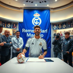 A dynamic scene depicting a football player signing a contract with Real Madrid in a well-lit room filled with team memorabilia