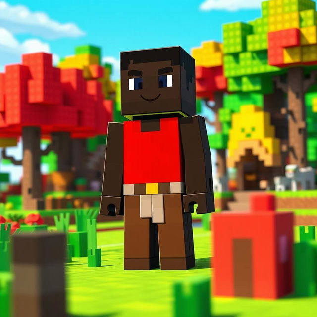 A blocky character resembling a black man wearing brown pants and a vibrant red dress, standing in a colorful Minecraft world filled with pixelated trees, grass, and a blue sky