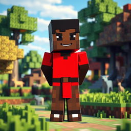 A blocky character resembling a black man wearing brown pants and a vibrant red dress, standing in a colorful Minecraft world filled with pixelated trees, grass, and a blue sky