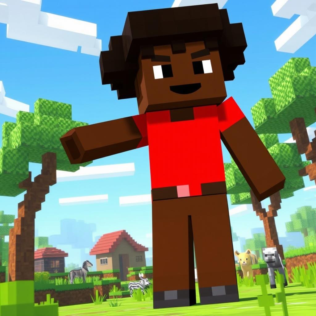 A blocky character resembling a black man wearing brown pants and a vibrant red dress, standing in a colorful Minecraft world filled with pixelated trees, grass, and a blue sky