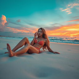 A sensual scene depicting a confident young woman reclining on a beautiful sandy beach, enjoying a leisurely moment while smoking