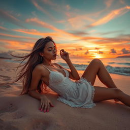 A sensual scene depicting a confident young woman reclining on a beautiful sandy beach, enjoying a leisurely moment while smoking