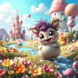 A whimsical fantasy scene featuring a vibrant and colorful landscape