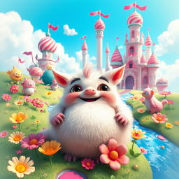 A whimsical fantasy scene featuring a vibrant and colorful landscape