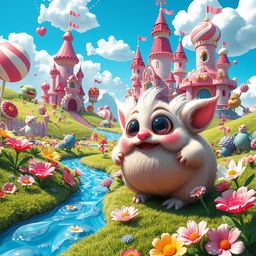 A whimsical fantasy scene featuring a vibrant and colorful landscape