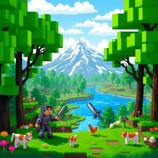 A vibrant and pixelated Minecraft landscape featuring a lush green forest with towering trees, blocks of colorful flowers scattered throughout, and a serene blue river winding through the scene