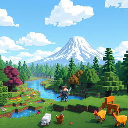 A vibrant and pixelated Minecraft landscape featuring a lush green forest with towering trees, blocks of colorful flowers scattered throughout, and a serene blue river winding through the scene