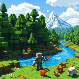 A vibrant and pixelated Minecraft landscape featuring a lush green forest with towering trees, blocks of colorful flowers scattered throughout, and a serene blue river winding through the scene