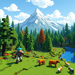A vibrant and pixelated Minecraft landscape featuring a lush green forest with towering trees, blocks of colorful flowers scattered throughout, and a serene blue river winding through the scene