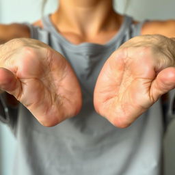 A close-up view of a person's armpits and hands, showcasing a uniform skin tone across both parts