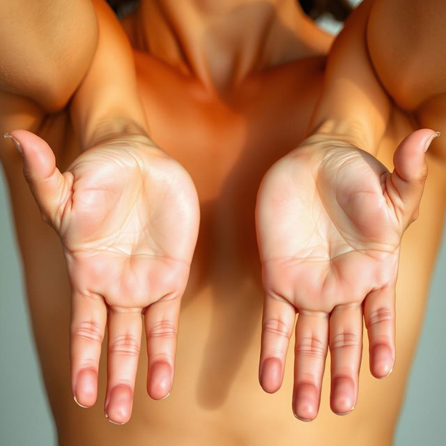 A close-up view of a person's armpits and hands, showcasing a uniform skin tone across both parts