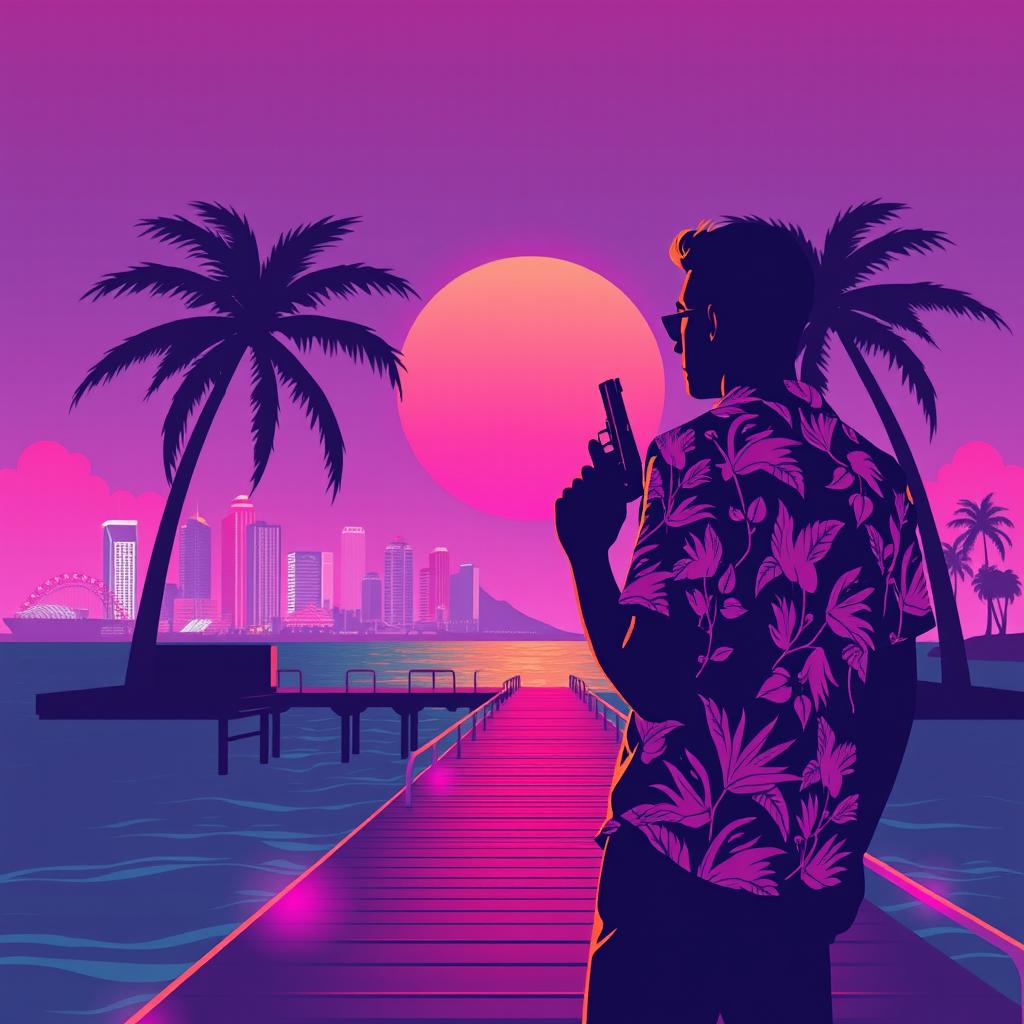 A minimalistic poster inspired by Vice City, featuring the silhouette of a man in a tropical shirt holding a pistol, positioned on a neon-lit pier