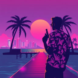 A minimalistic poster inspired by Vice City, featuring the silhouette of a man in a tropical shirt holding a pistol, positioned on a neon-lit pier