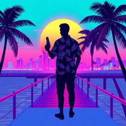 A minimalistic poster inspired by Vice City, featuring the silhouette of a man in a tropical shirt holding a pistol, positioned on a neon-lit pier