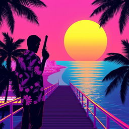 A minimalistic poster inspired by Vice City, featuring the silhouette of a man in a tropical shirt holding a pistol, positioned on a neon-lit pier