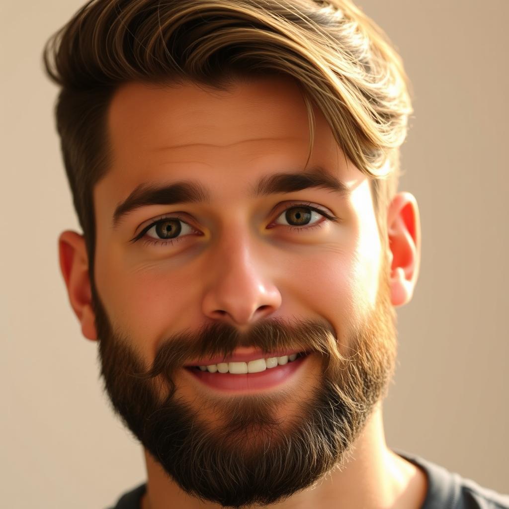 A close-up portrait of a handsome man with a well-groomed beard and perfectly styled hair