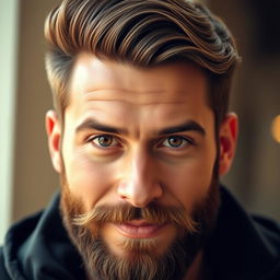 A close-up portrait of a handsome man with a well-groomed beard and perfectly styled hair