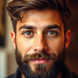A close-up portrait of a handsome man with a well-groomed beard and perfectly styled hair