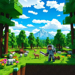 A vibrant Minecraft scene depicting a player character exploring a lush forest biome filled with towering trees, colorful flowers, and various animals like sheep and cows