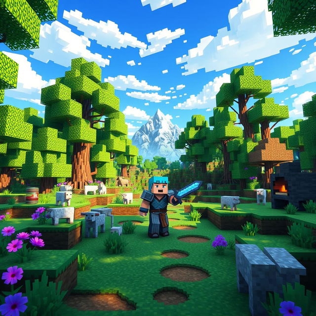 A vibrant Minecraft scene depicting a player character exploring a lush forest biome filled with towering trees, colorful flowers, and various animals like sheep and cows