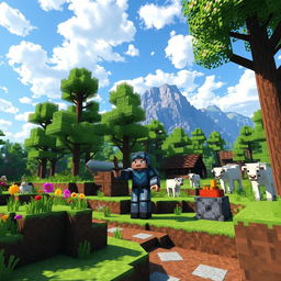 A vibrant Minecraft scene depicting a player character exploring a lush forest biome filled with towering trees, colorful flowers, and various animals like sheep and cows