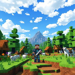 A vibrant Minecraft scene depicting a player character exploring a lush forest biome filled with towering trees, colorful flowers, and various animals like sheep and cows