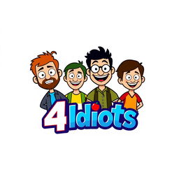 A creative and playful logo design for '4 Idiots', incorporating four cartoonish, humorous characters representing each 'idiot'