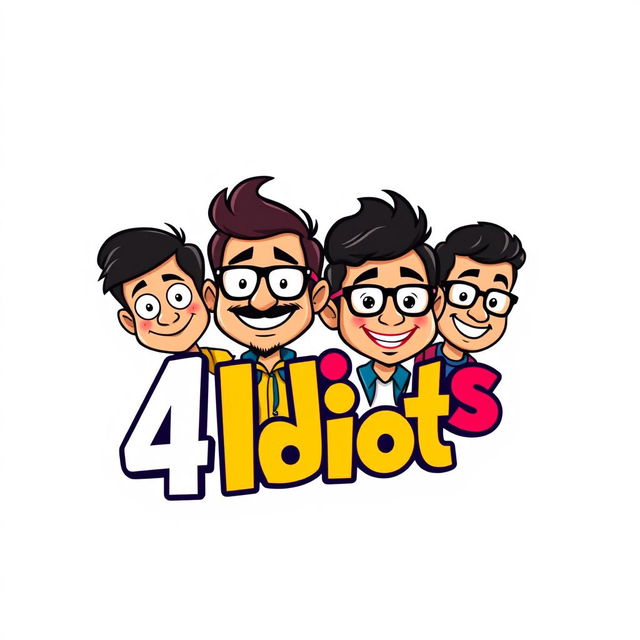 A creative and playful logo design for '4 Idiots', incorporating four cartoonish, humorous characters representing each 'idiot'