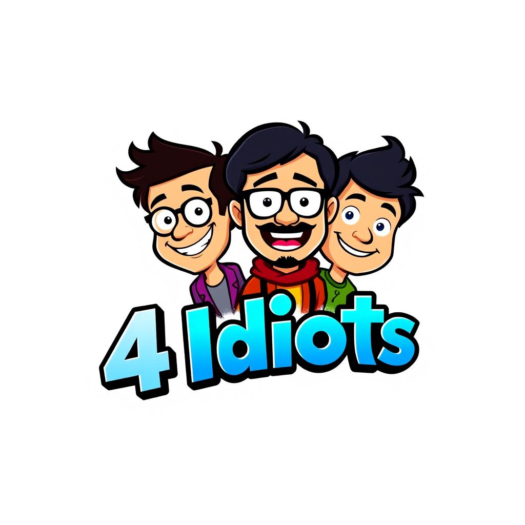 A creative and playful logo design for '4 Idiots', incorporating four cartoonish, humorous characters representing each 'idiot'