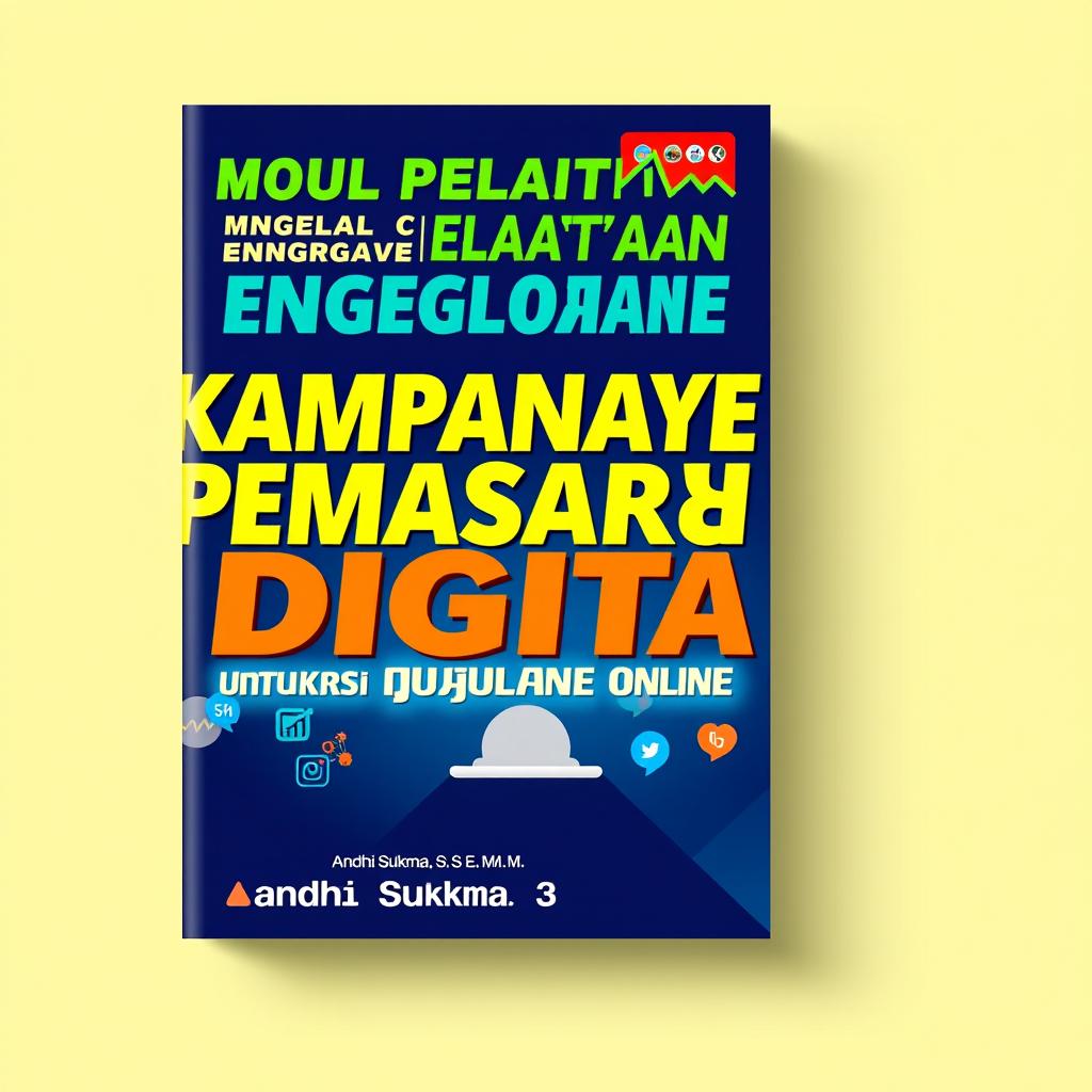 A visually striking cover design for a training module titled 'Modul Pelatihan Pengelolaan Kampanye Pemasaran Digital untuk Konversi Penjualan Online'