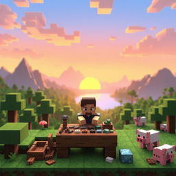 A vibrant and blocky Minecraft landscape featuring a lush green forest, towering mountains in the background, and a serene lake reflecting the sky