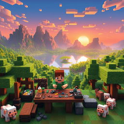 A vibrant and blocky Minecraft landscape featuring a lush green forest, towering mountains in the background, and a serene lake reflecting the sky